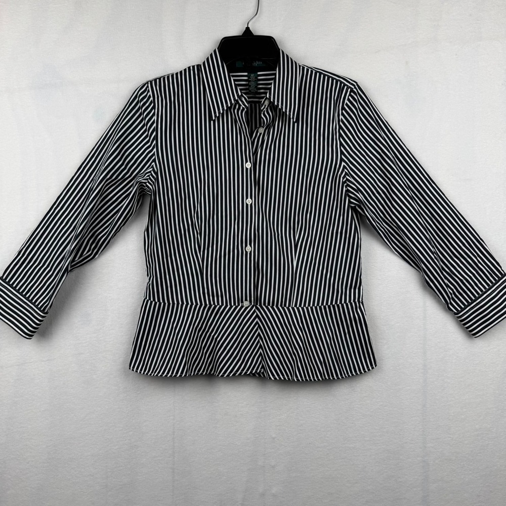 Lauren Ralph‎ Lauren Petite Striped Peplum 3/4 Sleeve Button Down Blouse